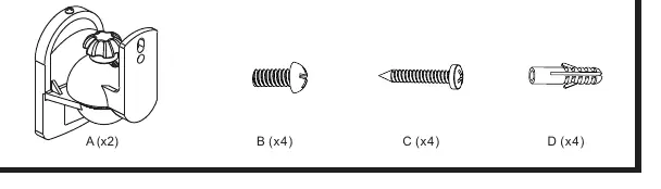 Parts list: A (mount), B (speaker screw), C (wall screw), D (wall plug).
