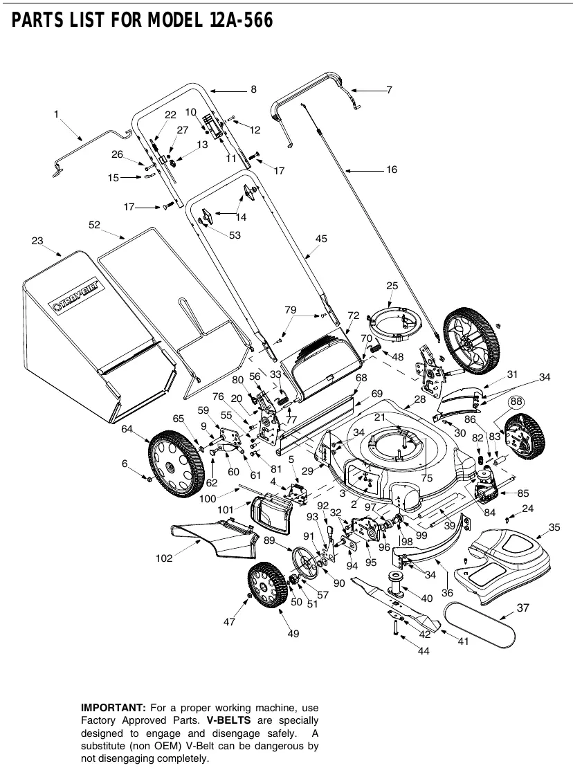 Exploded view diagram of the Troy-Bilt 12A-566 lawn mower.