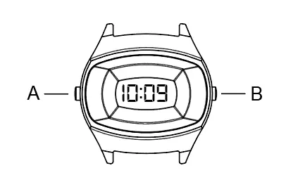 Watch diagram showing buttons A and B in Time mode.