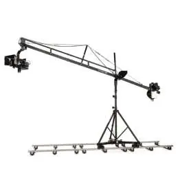Verify the fully assembled camera crane mounted on the dolly track system.