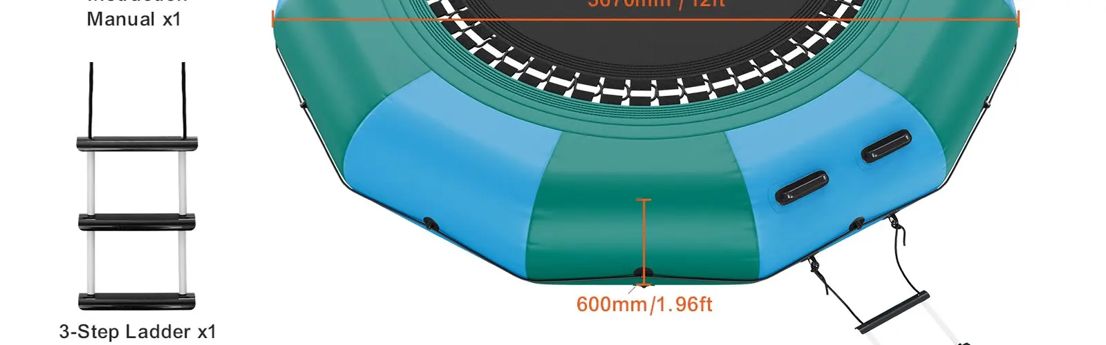 Vevor 12ft Inflatable Water Trampoline dimensions and ladder