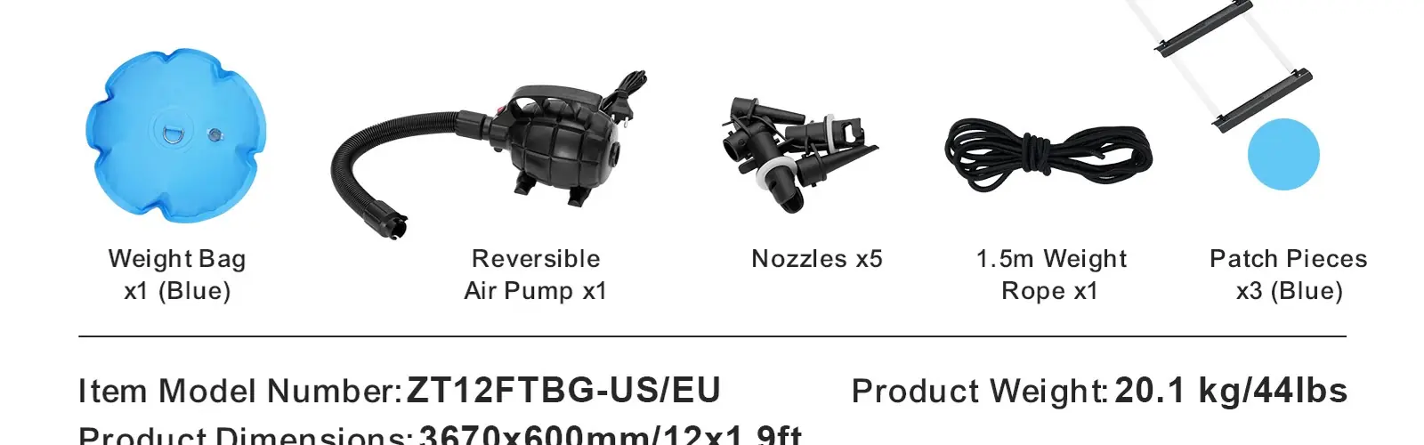 Included accessories: air pump, weight bag, and patch pieces