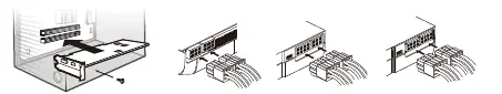 Step-by-step visual guide for inserting the graphics card and connecting power cables.