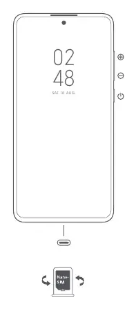 Device layout showing buttons and SIM tray location.
