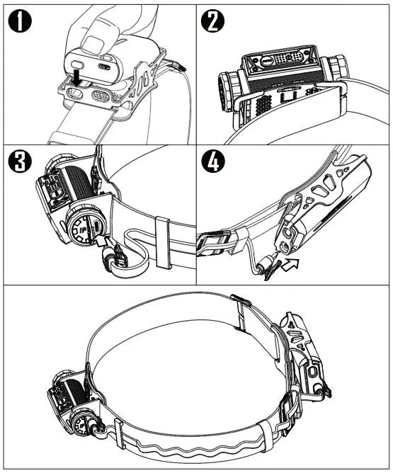 Installation and connection sequence for the headlamp and battery