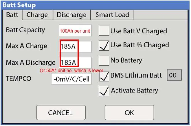 Battery Setup menu parameters