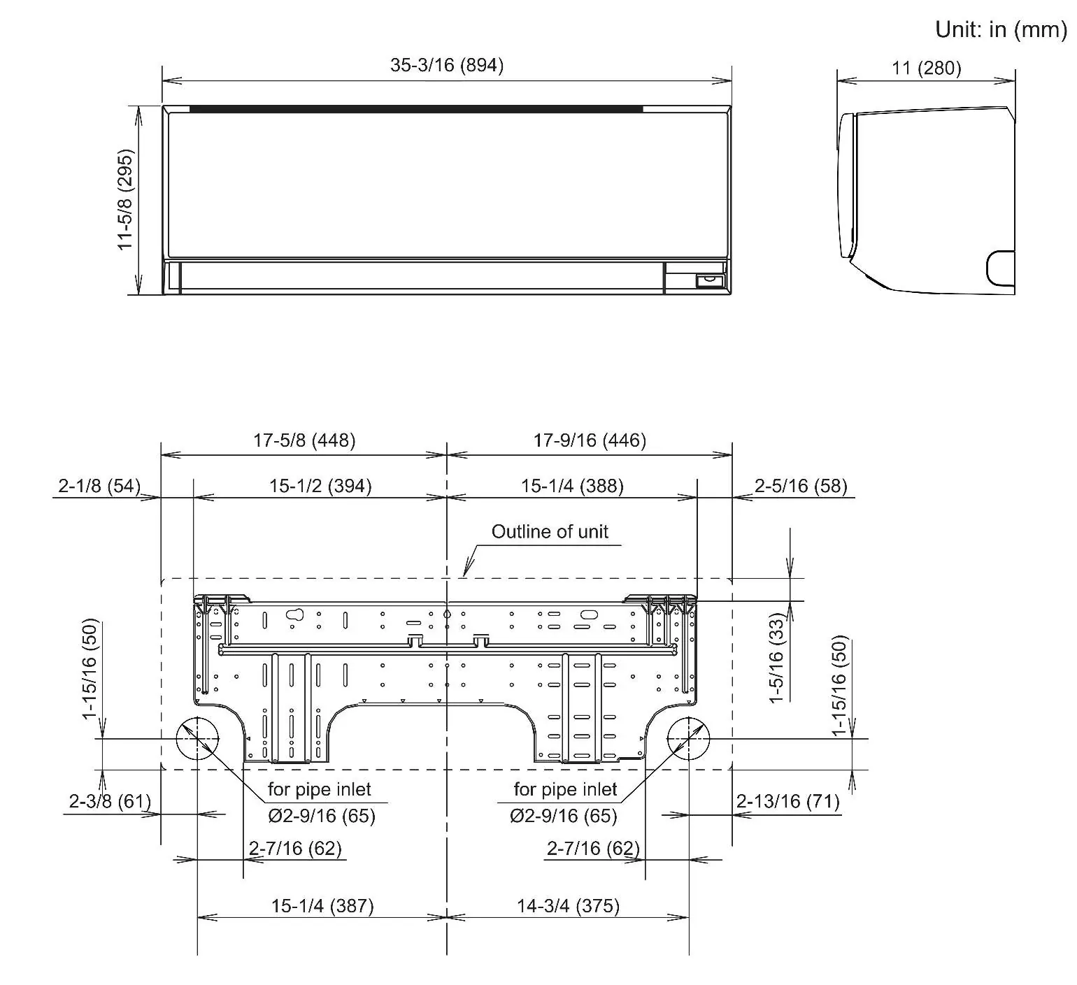 Indoor unit dimensions and pipe inlets