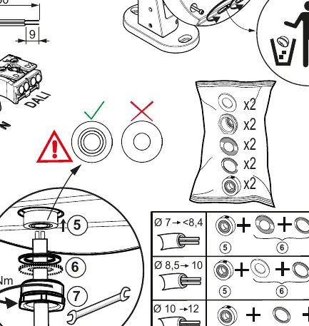 Cable gland assembly and seal selection based on cable diameter.