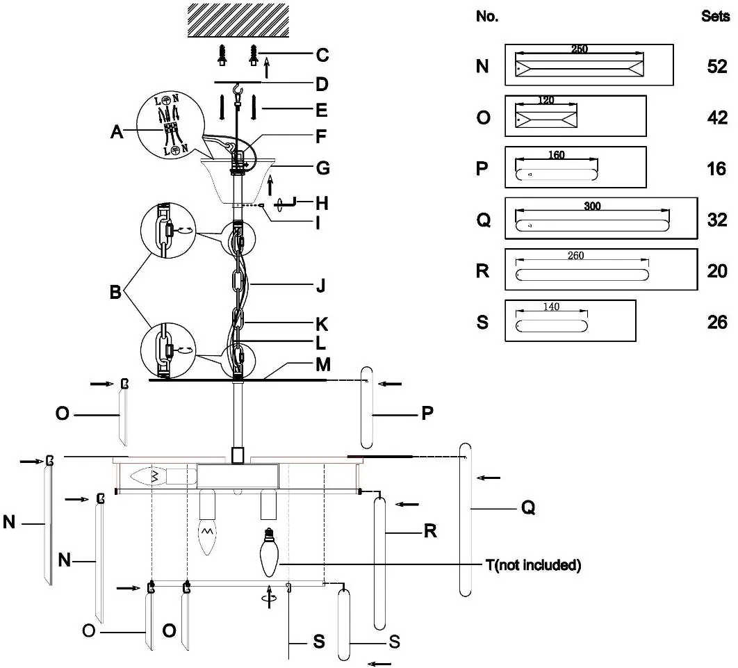 Assembly diagram showing mounting bracket, chain suspension, safety lanyard, and shade placement.