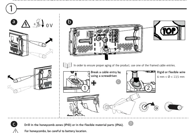 Installation steps including drilling and cable entry preparation.