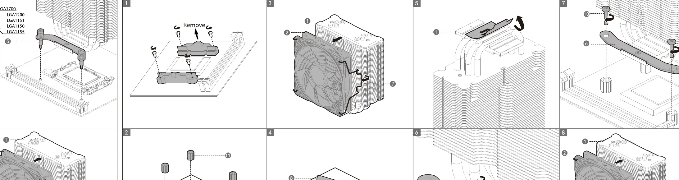 Step-by-step Intel CPU cooler installation guide, including removing stock brackets, attaching mounting bars, applying thermal interface material, and securing the fan to the...