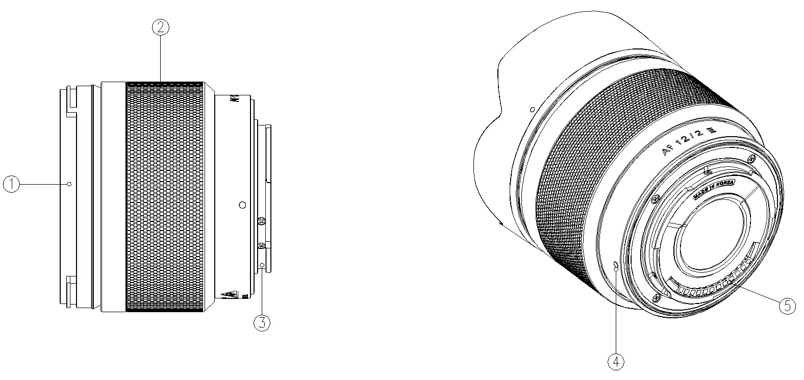 Lens parts diagram showing hood mount, focus ring, and index marks.