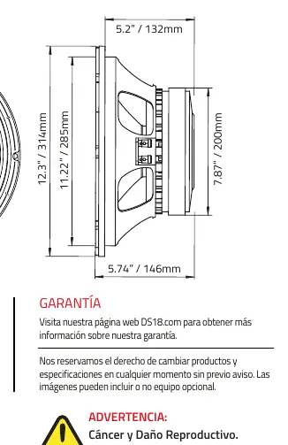 Dimensional diagram of the 12PRO1400MB-8 loudspeaker