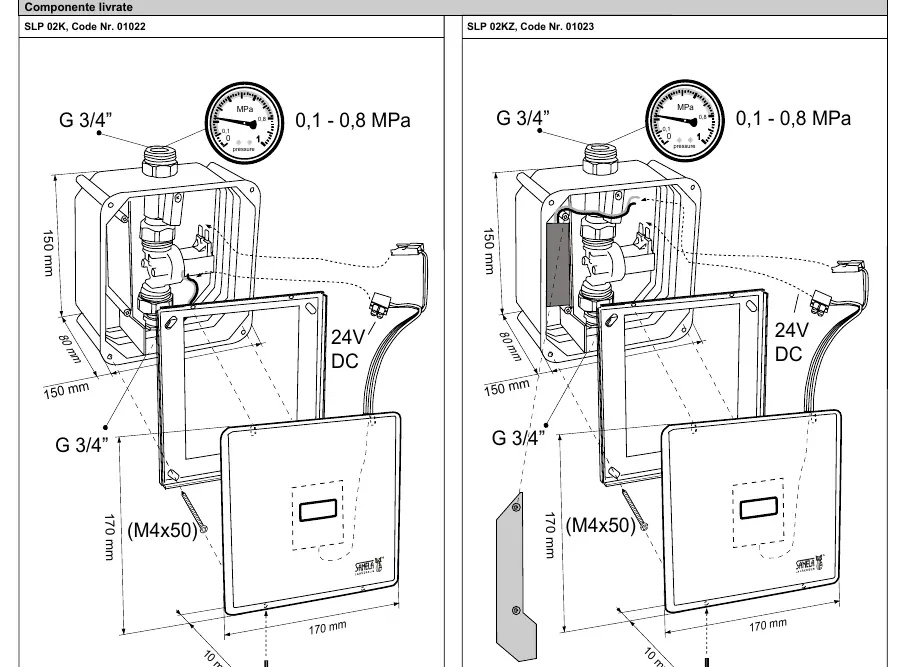 Physical dimensions and connection points for SLP 02K and SLP 02KZ