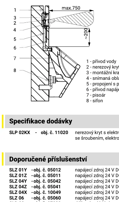 Installation diagram showing the positioning of the mounting box, water supply, and urinal connection.