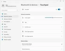 Touchpad settings menu