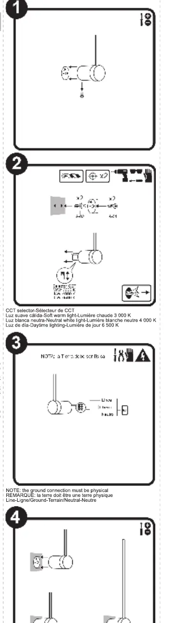 Installation steps 1 through 4 for the LED luminaire.