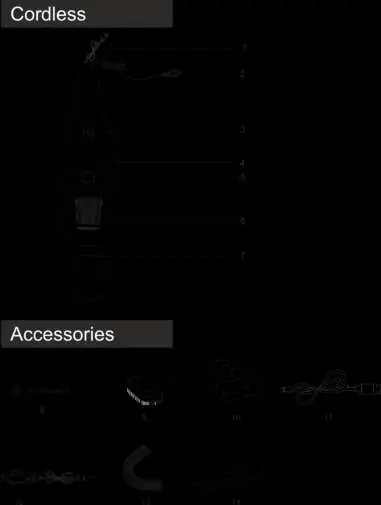 Parts layout of the vacuum cleaner and accessories.