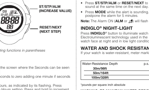Button layout and functions for the Timex Marathon Digital watch.