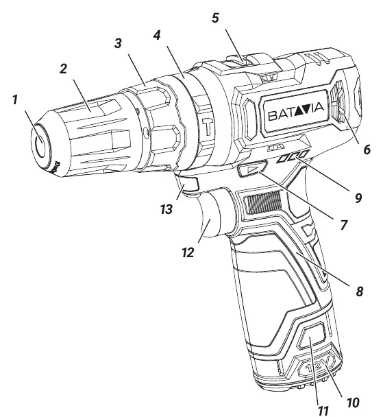 Diagram of the cordless combi drill showing numbered parts.