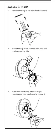 H4/H7 installation steps: removing the cap plate, securing with spring clip, and installing the headlamp.