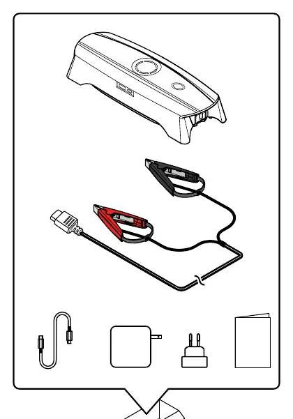 Included components: CS FREE unit, battery clamps, and charging cables.