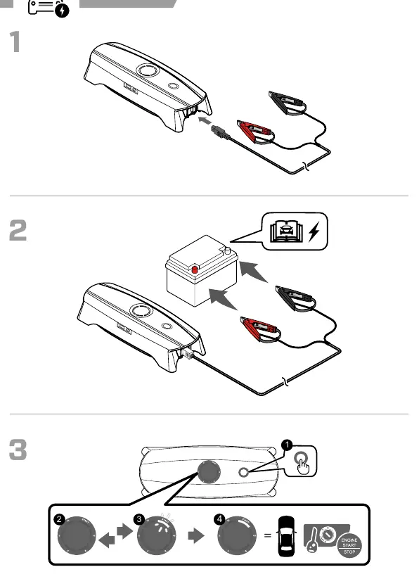 Step-by-step connection of the CS FREE to a vehicle battery.