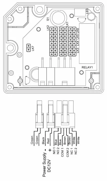 Circuit diagram showing power supply and relay output connections.