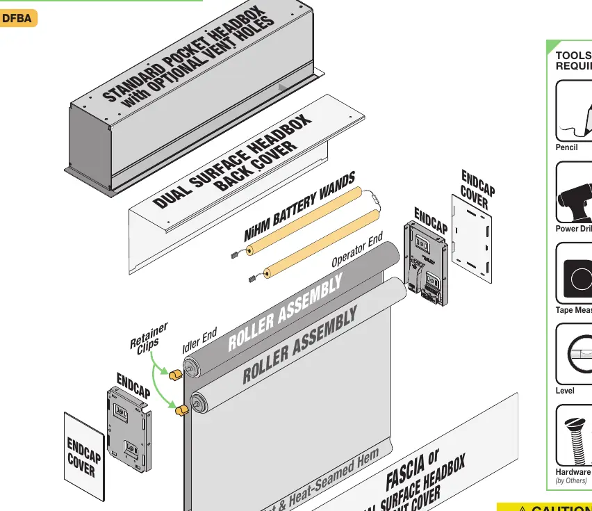 Exploded view of the Dual Roller 12V Battery FlexShade components.