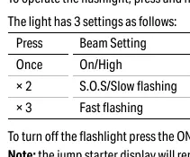 Flashlight settings table
