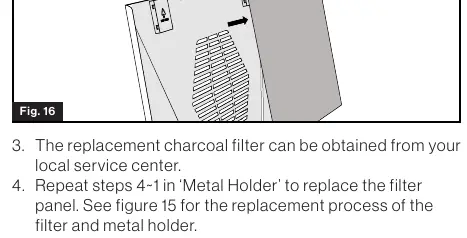 Charcoal filter replacement (Fig. 16)