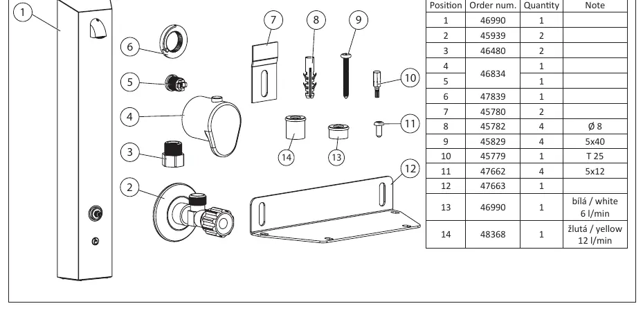 Exploded view of the shower panel components.