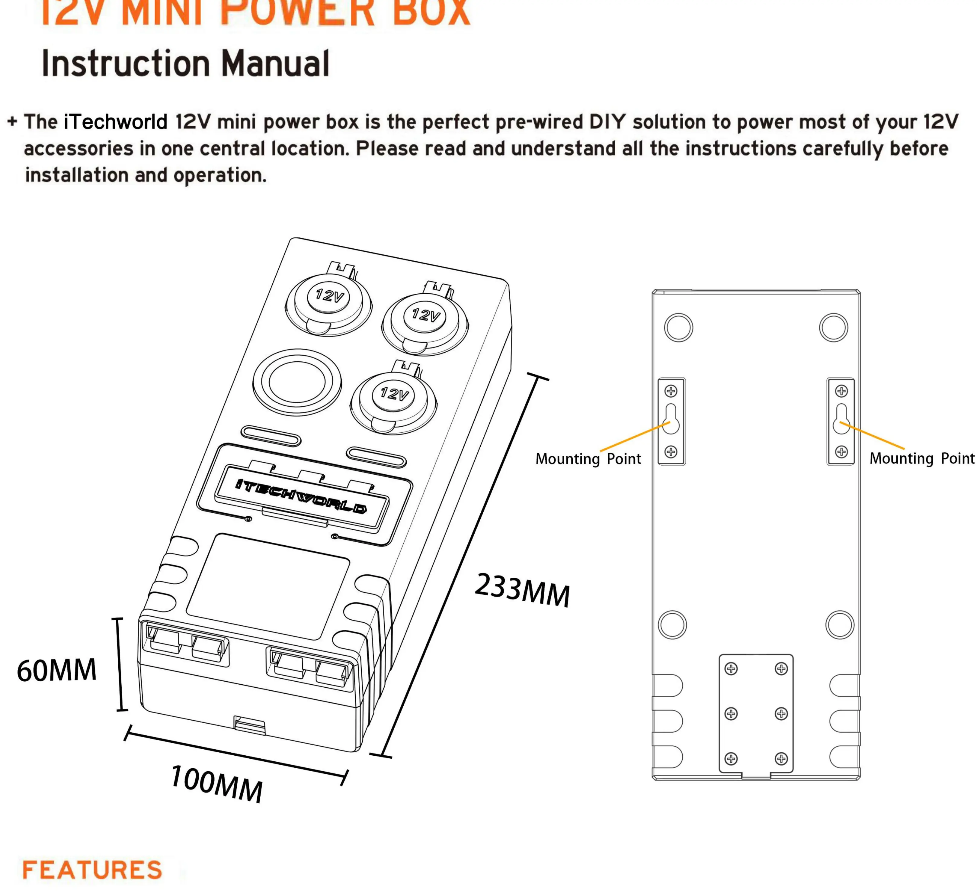 Physical dimensions and rear mounting points of the 12V Mini Power Box