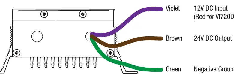 Wiring diagram showing the connection of the three wires: Violet (12V Input), Brown (24V Output), and Green (Negative Ground).