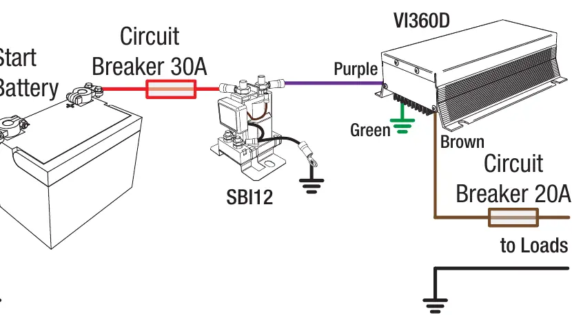 Installation diagram showing the connection path from the battery through the circuit breaker and SBI12 to the voltage booster.
