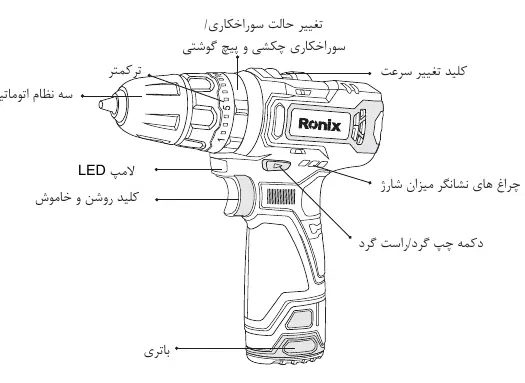 Parts identification diagram for the Ronix cordless drill.