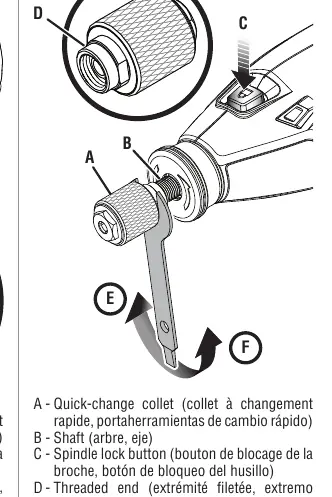 Using the spindle lock and wrench to change the collet