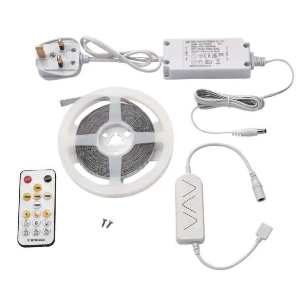 Kit components including LED strip, driver, remote, and receiver.