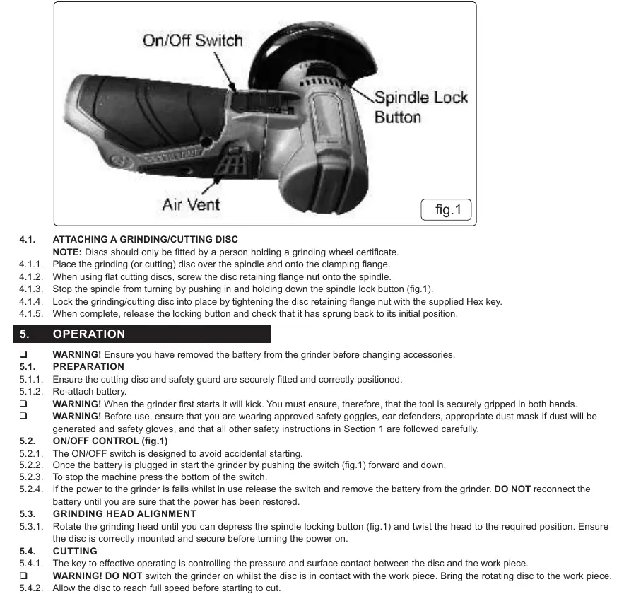 Overview of the angle grinder controls, including the On/Off switch, spindle lock button, and air vent.