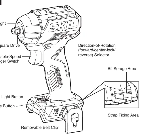 Overview of the 12V Brushless Impact Wrench controls.