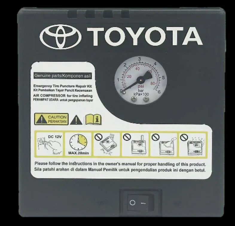 Toyota 12V Air Compressor control panel and pressure gauge.
