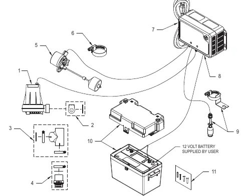 Exploded view of the DC pump and components.