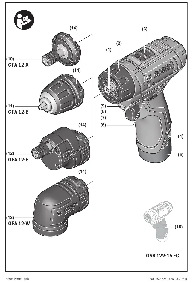 Overview of the GSR 12V-15 FC and its compatible attachments.