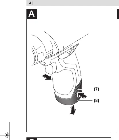 Battery removal (A) and tool change (B)