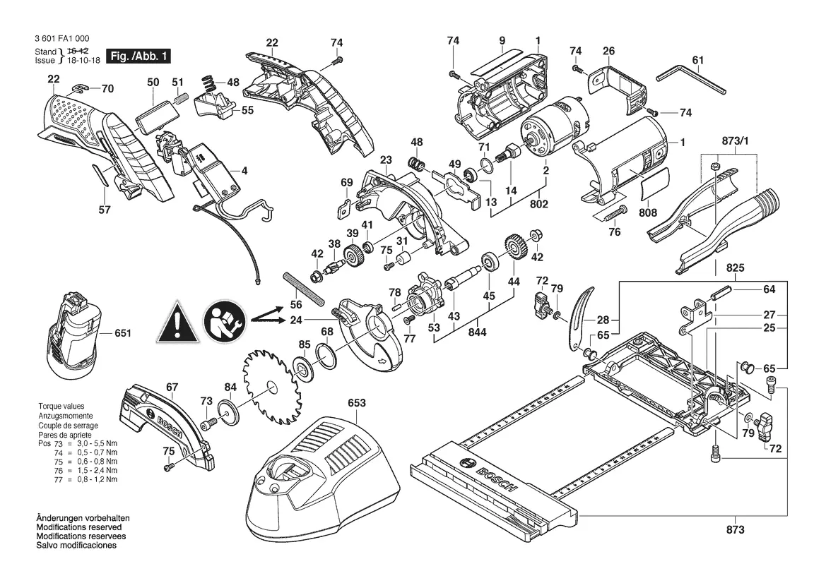 Exploded view diagram of the Bosch GKS 12V-26 circular saw with part reference numbers.