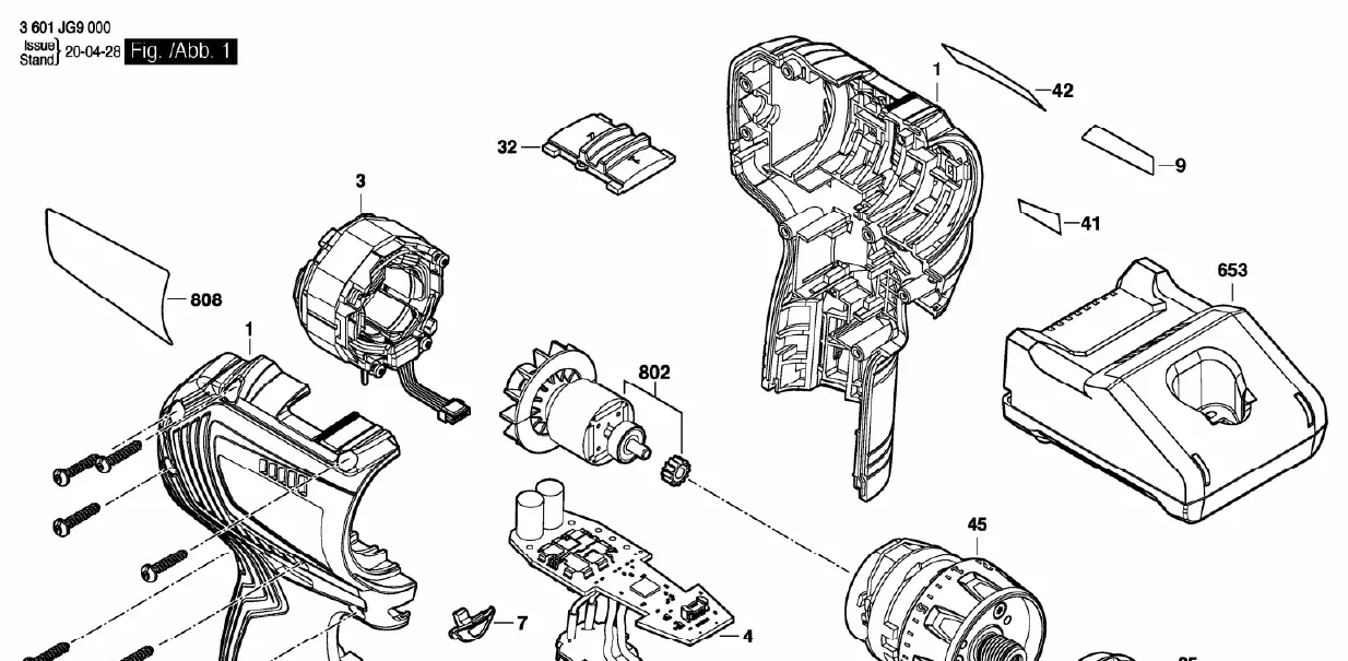 Exploded view of the Bosch GSR 12V-30 drill components, including the motor, housing, circuit board, and battery charger.