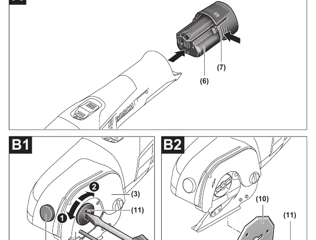 Battery installation and blade replacement steps