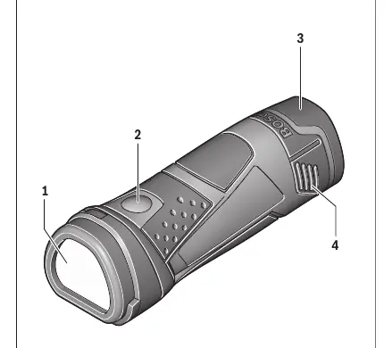 Product components: 1. Lamp head, 2. On/Off switch, 3. Battery, 4. Battery unlocking button