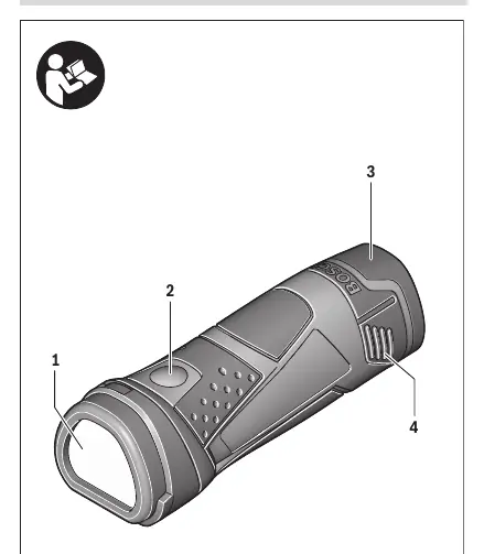 Product overview showing lamp head, switch, and battery.