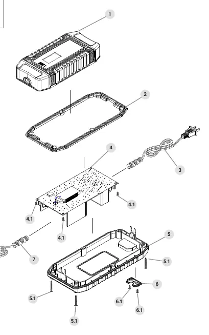 Exploded view of the Truper CARBA-8 battery charger components.